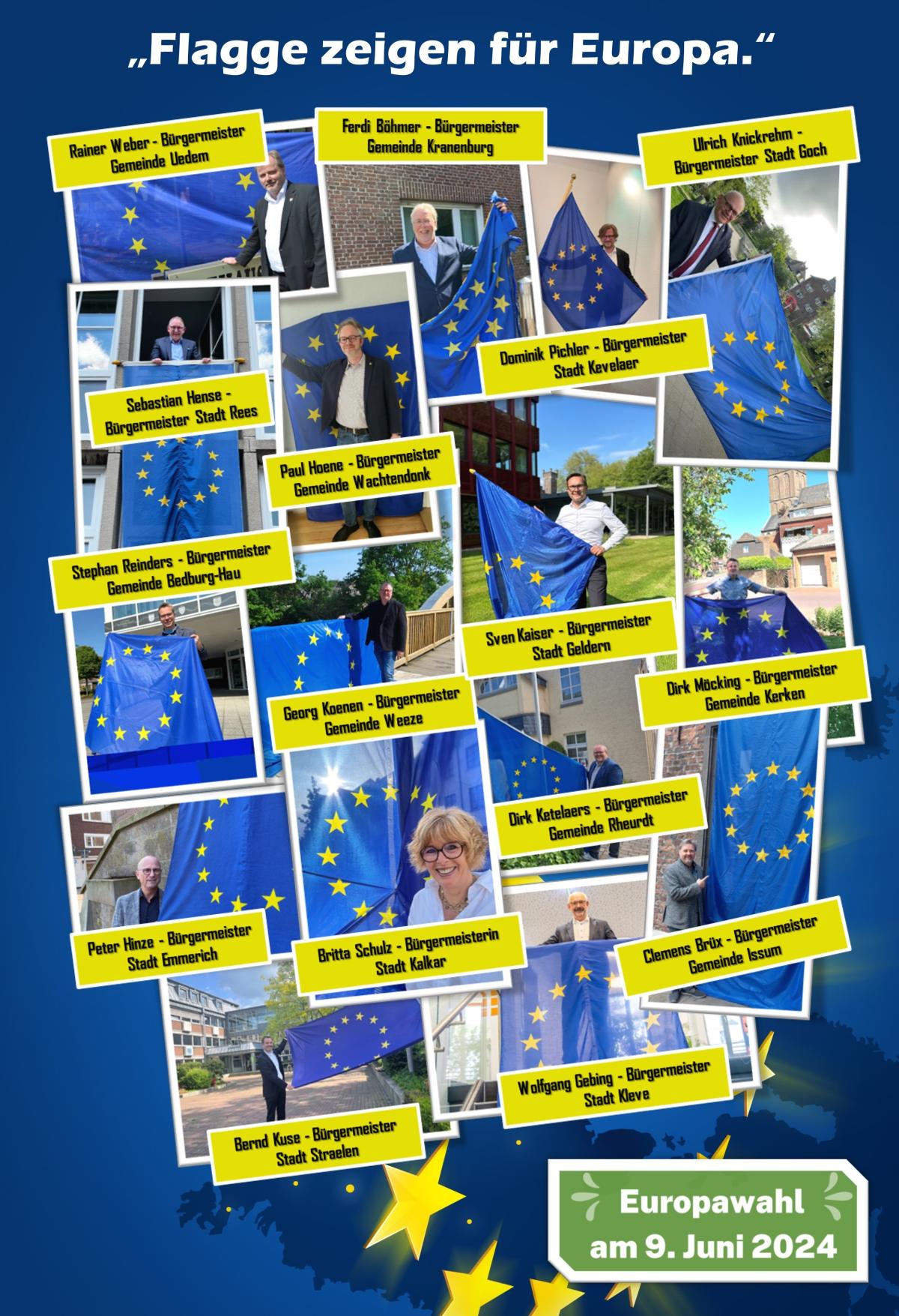 Collage der Bürgermeister im Kreis Kleve mit den Flaggen für Eurpoa