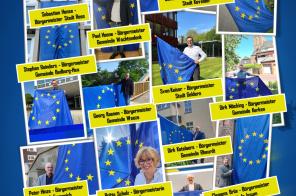 Collage der Bürgermeister im Kreis Kleve mit den Flaggen für Eurpoa