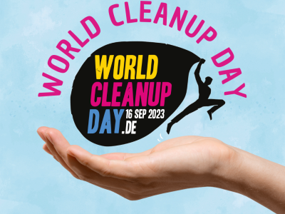 Das Logo des World Cleanup Day auf einer Hand